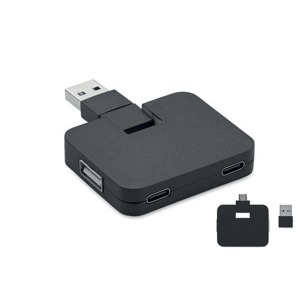 SQUARE Compact 4-Port USB Hub with Type-A and Type-C - GiftRetail MO2254