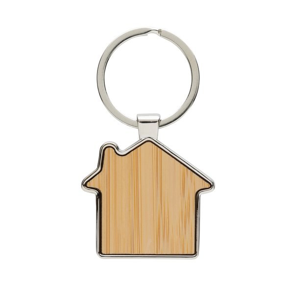 Porte-clés en forme de maison en alliage de zinc recyclé RCS avec bambou